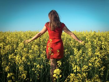 Rear view of woman in red dress in a field of canola flowers