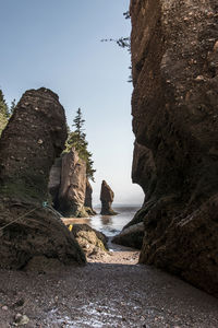 Rocks on beach against clear sky