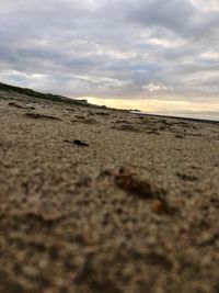 Close-up of sand on beach against sky