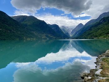 Scenic view of lake and mountains against sky