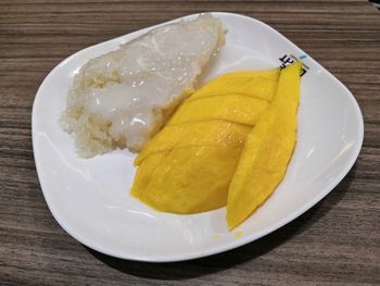 High angle view of dessert in plate on table