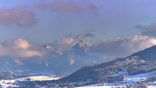 Aerial view of snowcapped mountains against sky