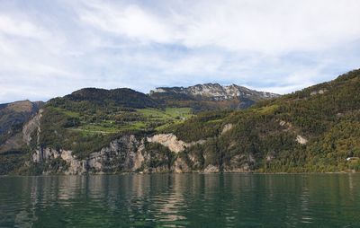 Scenic view of lake by mountains against sky