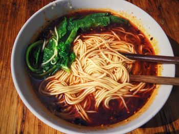 Close-up of served noodles in bowl