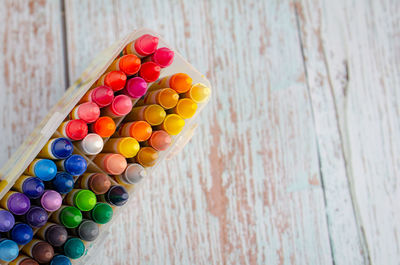 High angle view of multi colored pencils on table