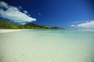 Scenic view of sea against blue sky