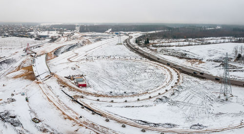 High angle view of snow covered landscape