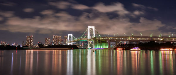 Illuminated city by river against sky at night