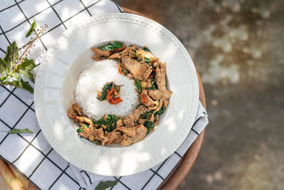 High angle view of food in plate on table