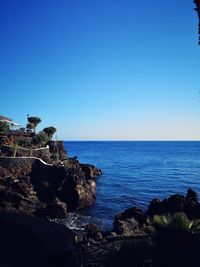 Scenic view of sea against clear blue sky