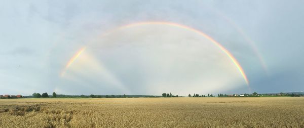Scenic view of agriculture field against rainbow in sky
