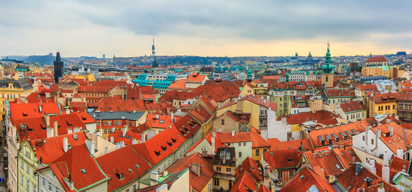 High angle view of buildings in city against sky