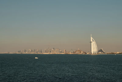 Dubai city skyline view of burj khalifa and burj al arab, united arab emirates. construction