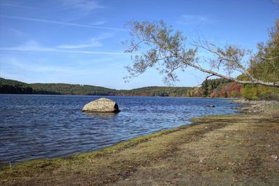 Scenic view of lake against blue sky