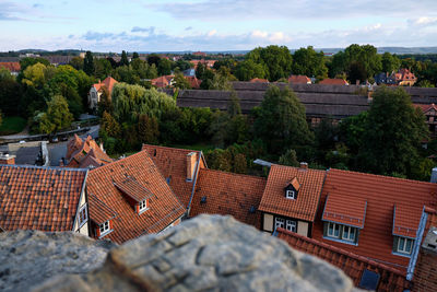 High angle view of buildings in town