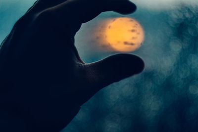 Close-up of silhouette hand holding sea against sky