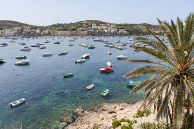 High angle view of boats moored in sea against clear sky