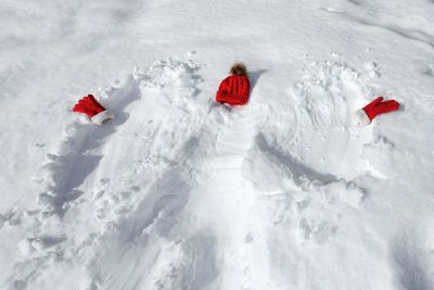 High angle view of people in snow