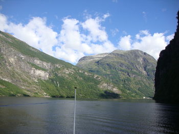 Scenic view of lake by mountains against sky