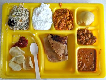 High angle view of breakfast on table