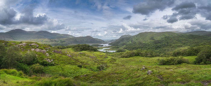 Irish iconic viewpoint, ladies view, with lakes, valley, forest and mountains, rink of kerry ireland