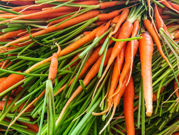 High angle view of chili peppers in market