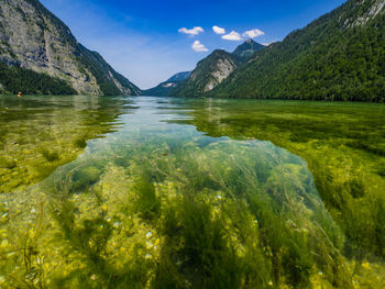 Scenic view of lake and mountains against sky