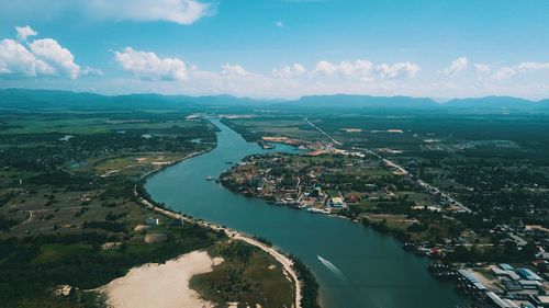 Aerial view of bridge over river against sky