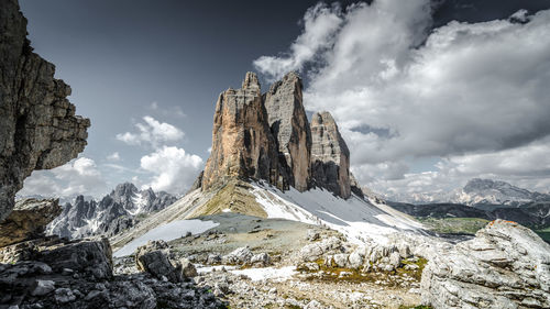 Panoramic view of snowcapped tre cime di lavaredo against sky