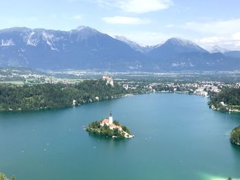 High angle view of lake against sky