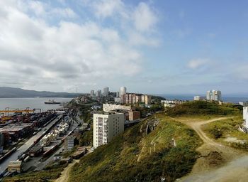 High angle view of buildings against sky