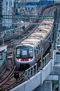 High angle view of train at railroad station