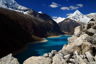 Scenic view of lake and mountains against sky 