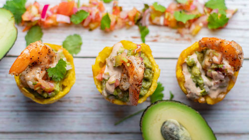 Close-up of served food on table