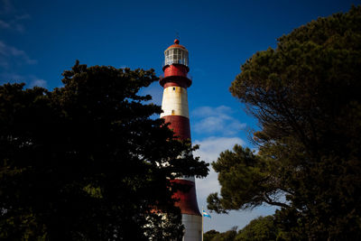 Low angle view of lighthouse by building against sky