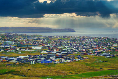 High angle view of torshavn against sky