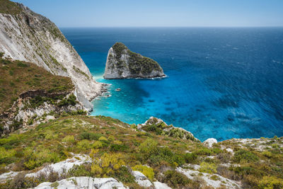 Scenic view of rocks in sea against sky