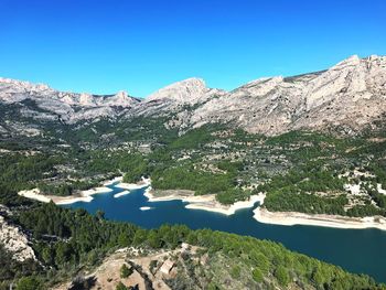 Scenic view of lake and mountains against clear blue sky