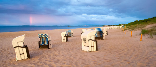 Scenic view of beach against cloudy sky