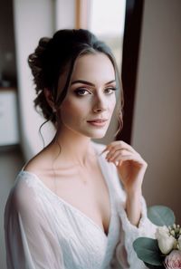 Portrait of young woman sitting at home