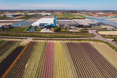High angle view of agricultural field against buildings in city