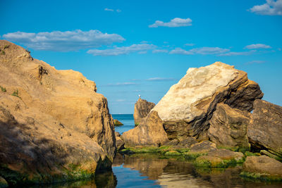 Rock formations by sea against sky