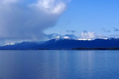 Scenic view of lake and mountains against sky