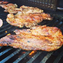 Close-up of meat on barbecue grill