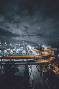 High angle view of illuminated bridge at night