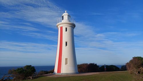 Lighthouse by sea against sky