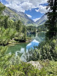 Scenic view of lake and mountains against sky