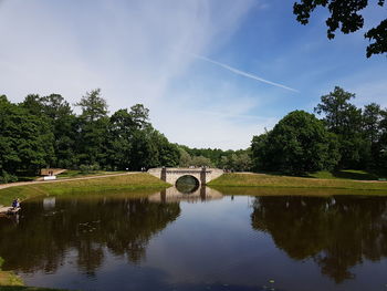 Reflection of bridge and trees on water against sky