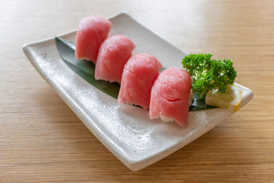 Close-up of sushi in plate on table