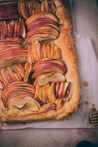 High angle view of apples in tray on table